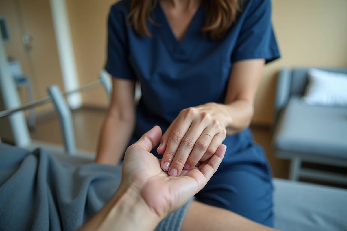 Physiothérapeute guidant la rééducation d'un doigt après un traumatisme de l'ongle