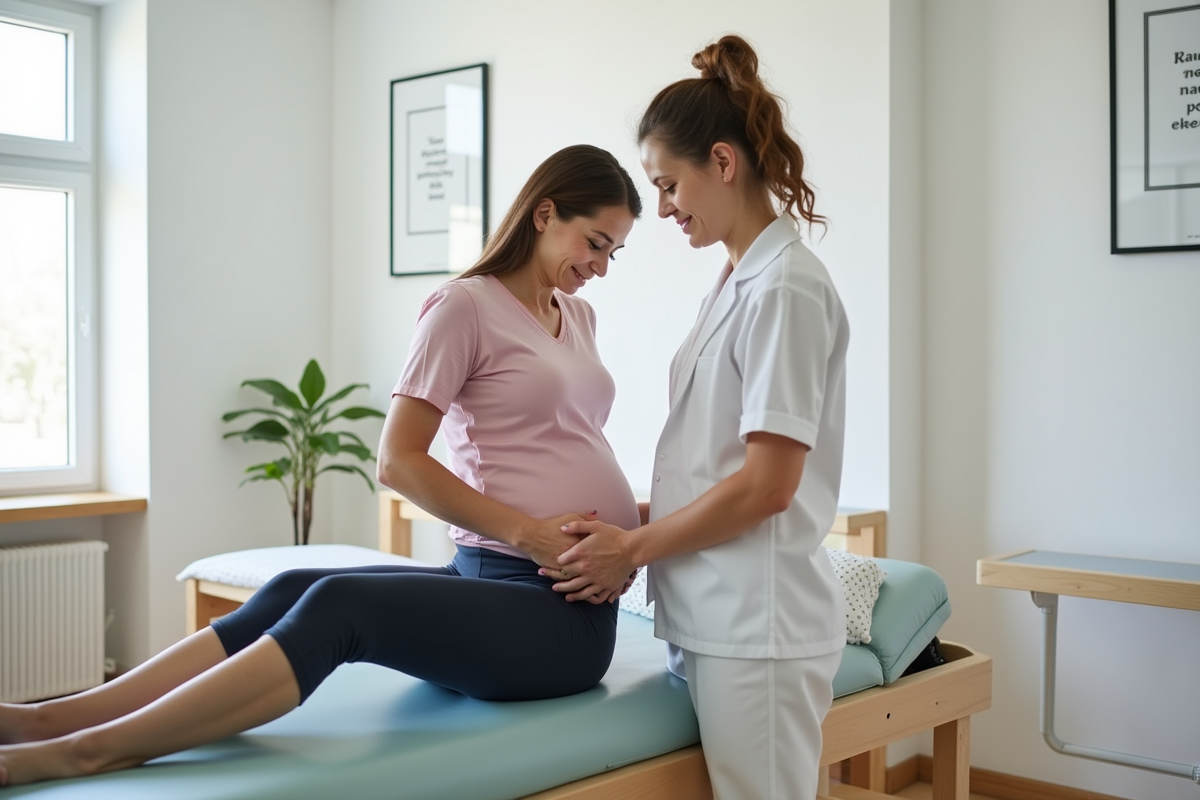 Femme post-partum en reeducation avec physiotherapeute