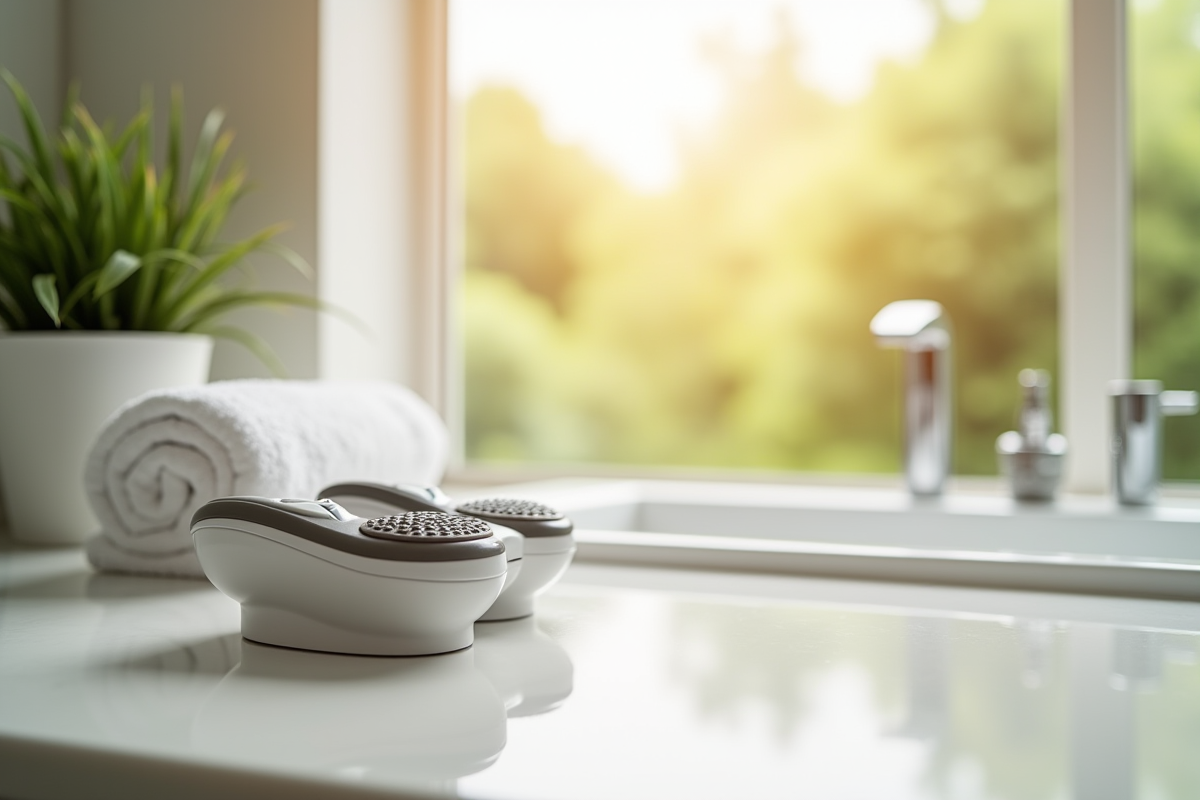 Coin de salle de bain avec appareil de reflexologie et plante verte
