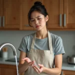Femme tenant son doigt sous l'eau froide du robinet après une brûlure légère dans la cuisine