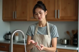 Femme tenant son doigt sous l'eau froide du robinet après une brûlure légère dans la cuisine