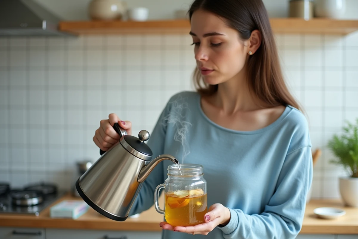 Jeune femme préparant une boisson au gingembre et au miel dans sa cuisine pour calmer une quinte de toux avant une consultation médicale