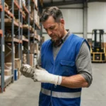 Ouvrier en gilet de sécurité bleu avec un poignet bandagé hésitant à reprendre le travail dans un entrepôt industriel après un accident du travail