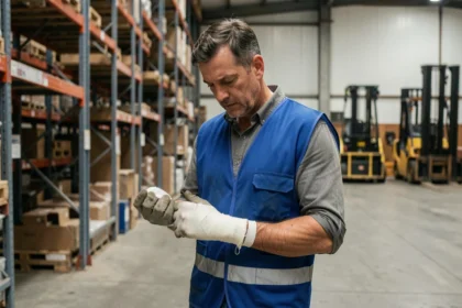 Ouvrier en gilet de sécurité bleu avec un poignet bandagé hésitant à reprendre le travail dans un entrepôt industriel après un accident du travail