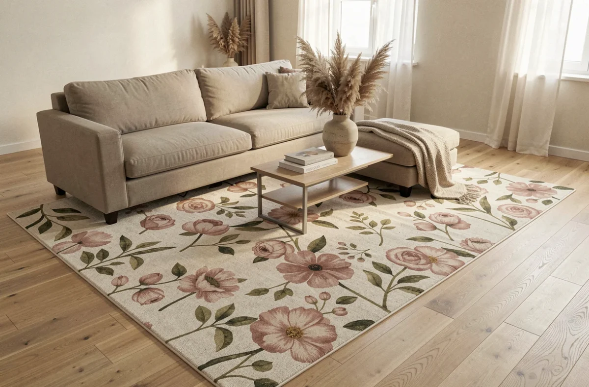 Salon moderne décoré avec un grand tapis fleuri style Champ des Fleurs en promotion pour 2026