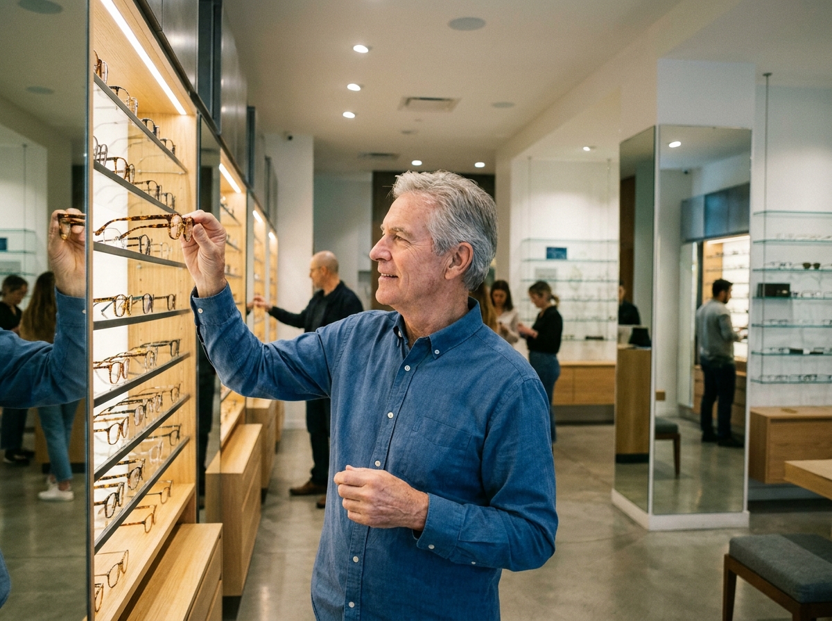 Homme senior choisissant une paire de lunettes dans une boutique d'optique moderne