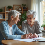 Femme senior souriante en conversation avec aide à domicile