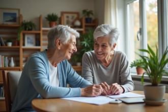 Femme senior souriante en conversation avec aide à domicile