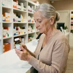 Senior en pharmacie examinant un flacon de Phytargile concentré pour soulager les raideurs articulaires