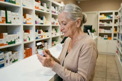 Senior en pharmacie examinant un flacon de Phytargile concentré pour soulager les raideurs articulaires
