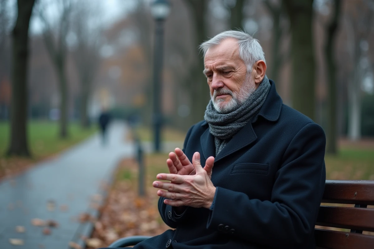Homme souffrant de sensation de froid permanent avec marbrures sur les mains en extérieur en automne