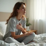 Femme assise sur le bord d'un lit tenant sa main contre sa poitrine, exprimant une sensation intérieure de tremblement sans cause visible