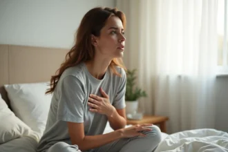 Femme assise sur le bord d'un lit tenant sa main contre sa poitrine, exprimant une sensation intérieure de tremblement sans cause visible