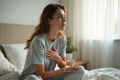 Femme assise sur le bord d'un lit tenant sa main contre sa poitrine, exprimant une sensation intérieure de tremblement sans cause visible