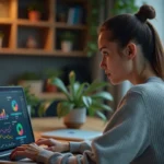 Femme consultant un simulateur d'espérance de vie sur ordinateur portable dans un bureau moderne