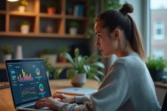Femme consultant un simulateur d'espérance de vie sur ordinateur portable dans un bureau moderne