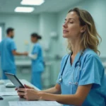 Infirmière soignante faisant une pause mentale devant son poste de travail numérique à l'hôpital