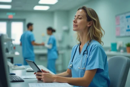Infirmière soignante faisant une pause mentale devant son poste de travail numérique à l'hôpital