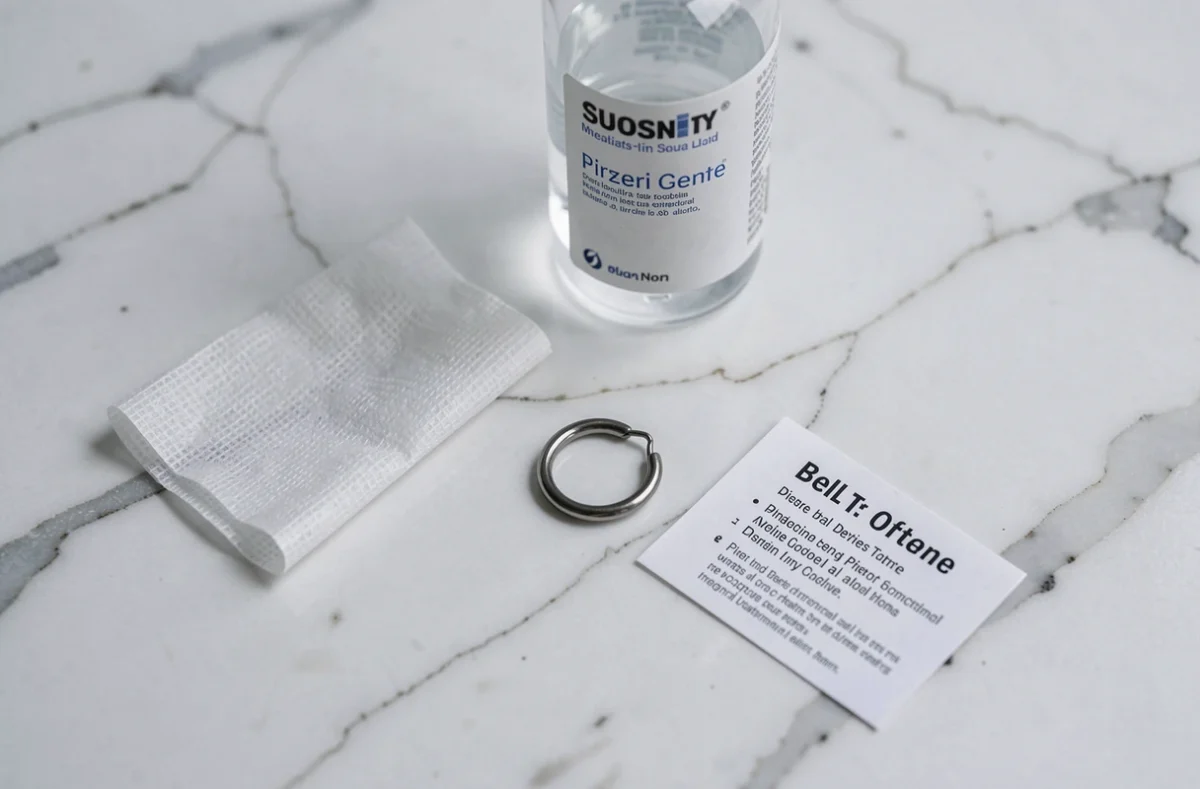 Bijoux de piercing nombril en titane et solution saline sur marbre blanc pour soin d'un piercing en rejet