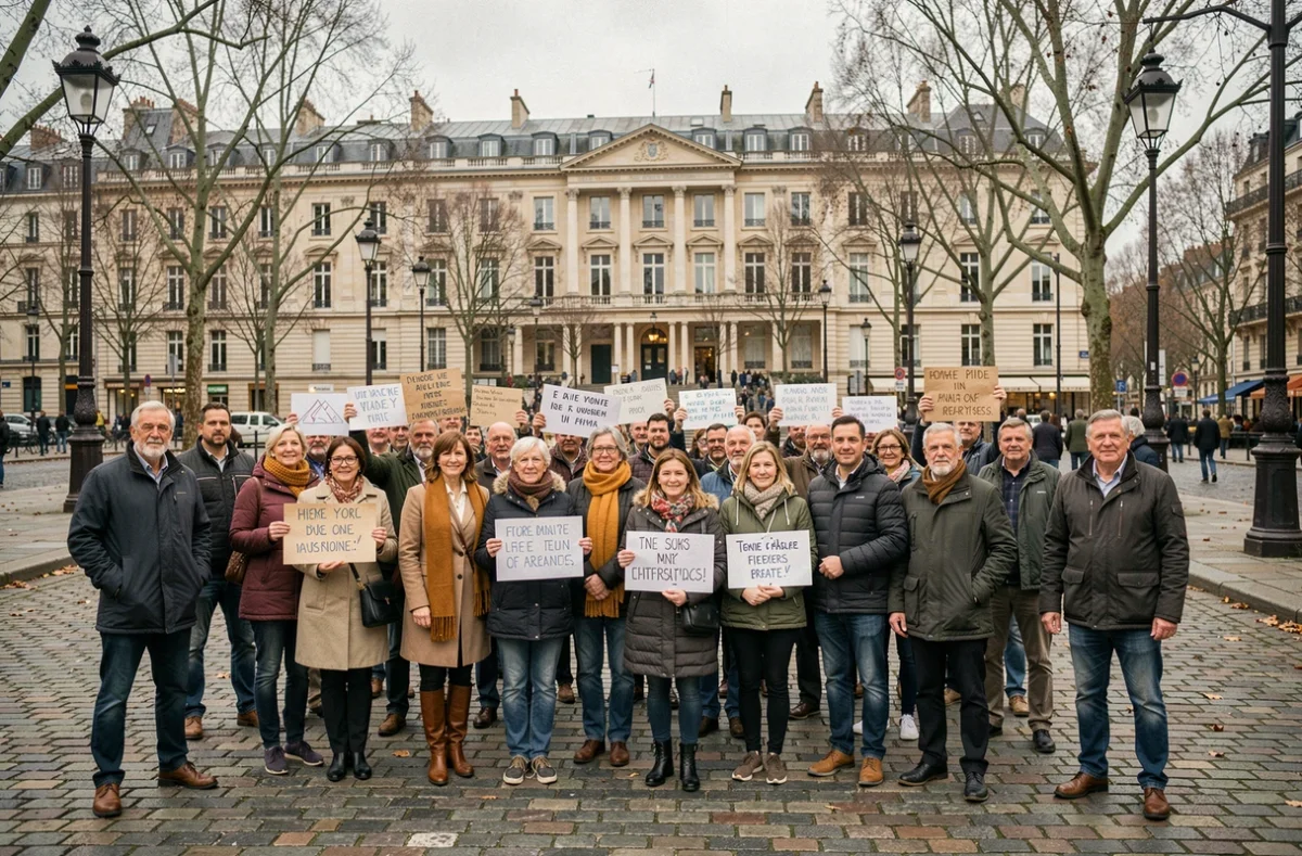 Rassemblement citoyen spontané sur une place publique parisienne en soutien à Elisabeth Guigou, montrant la solidarité du public face à l'annonce de sa maladie