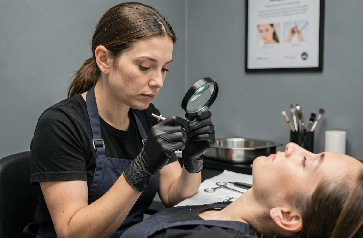 Professionnelle en studio de piercing inspectant un piercing nombril en rejet avec une loupe