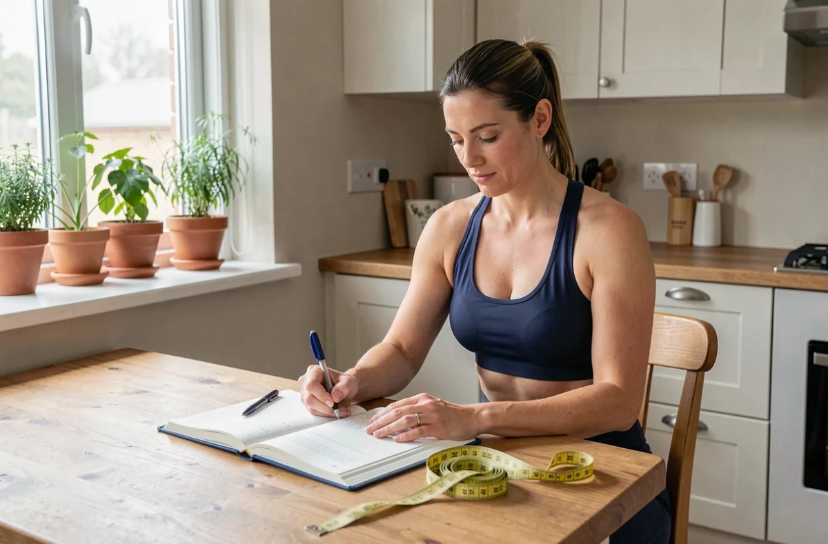 Femme notant son tour de taille dans un journal de suivi mensuel posé sur une table en bois