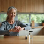 Femme d'une cinquantaine d'années effectuant des exercices de rotation du poignet dans une cuisine moderne pour suivre sa mobilité articulaire au quotidien