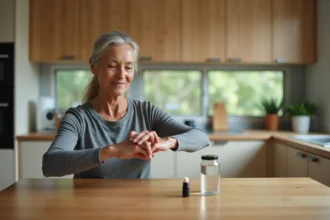 Femme d'une cinquantaine d'années effectuant des exercices de rotation du poignet dans une cuisine moderne pour suivre sa mobilité articulaire au quotidien