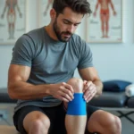 Athlète masculin appliquant du taping kinésiologique bleu sur le mollet dans une clinique de rééducation sportive