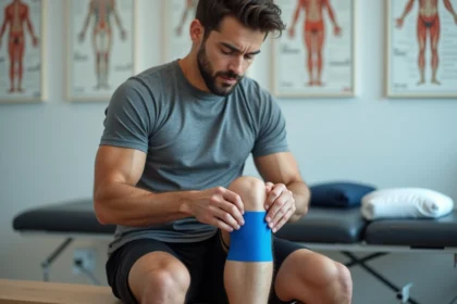 Athlète masculin appliquant du taping kinésiologique bleu sur le mollet dans une clinique de rééducation sportive