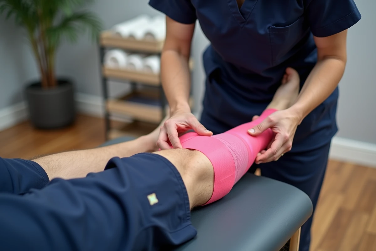 Physiothérapeute appliquant du tape rose sur le mollet d'un patient allongé sur une table de traitement en cabinet