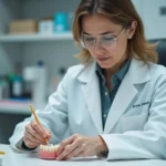 Technicienne dentaire en blouse blanche examine des dents en résine