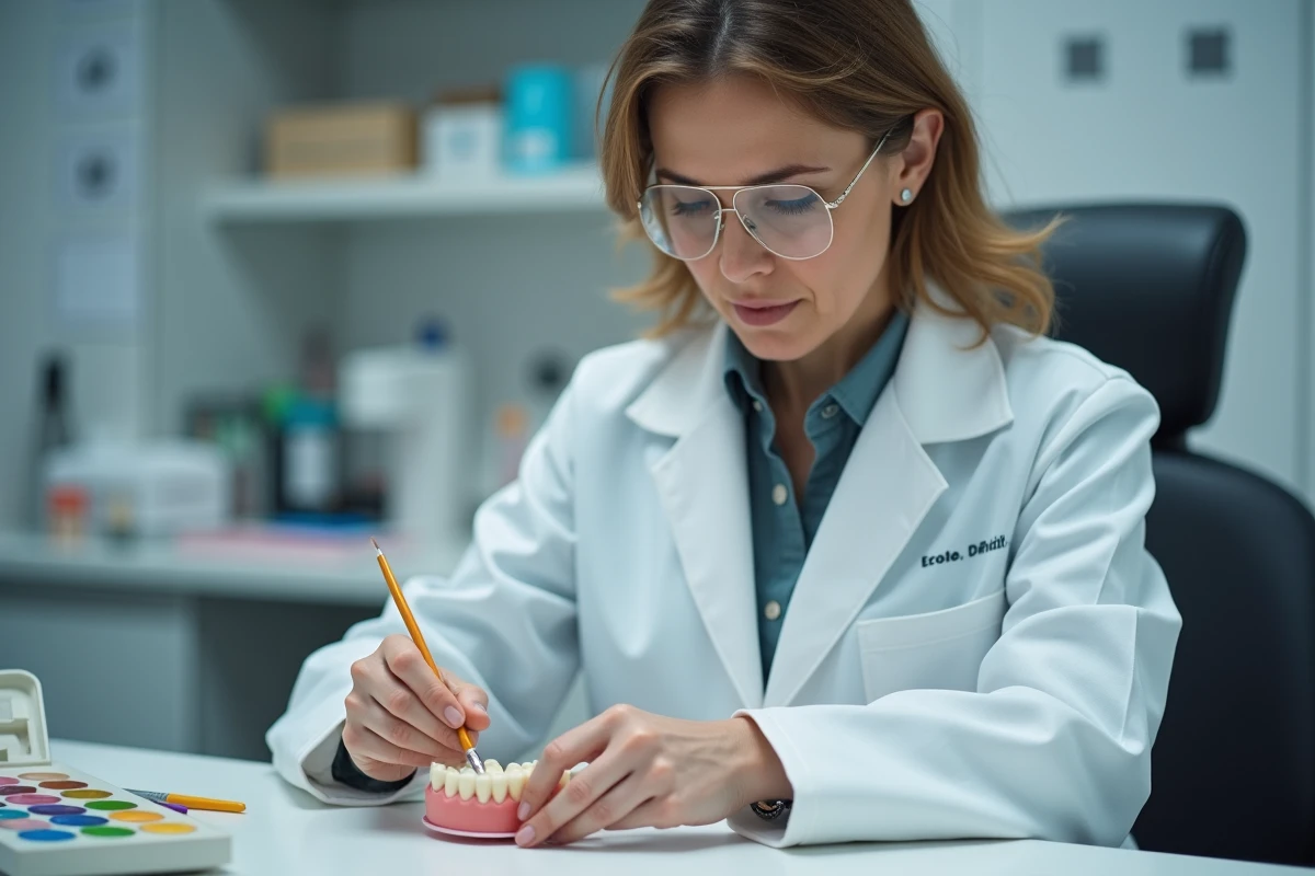 Technicienne dentaire en blouse blanche examine des dents en résine