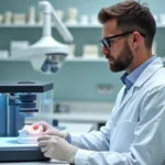 Technicien dentaire surveillant une imprimante 3D dans un laboratoire