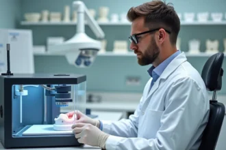 Technicien dentaire surveillant une imprimante 3D dans un laboratoire