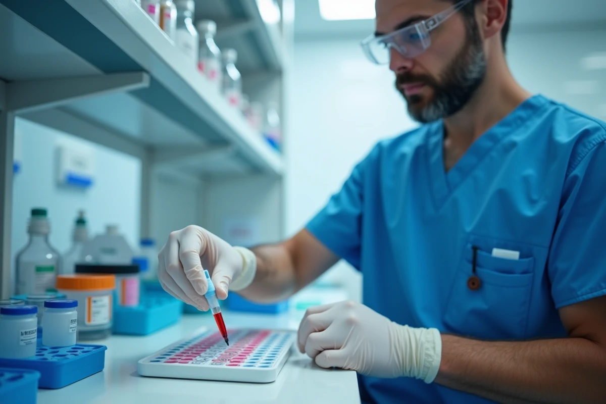 Technicien de laboratoire réalisant une analyse sérologique pour détecter les anticorps IgG et IgM du virus Epstein-Barr