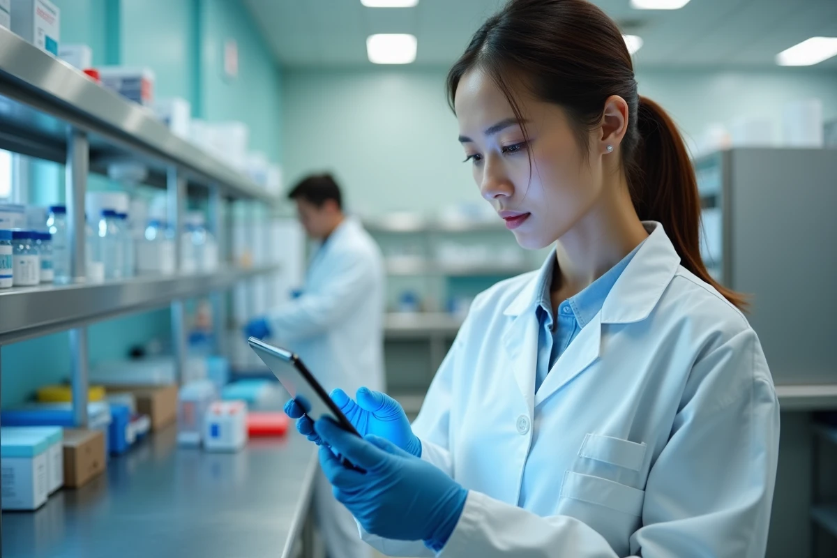 Technicienne de laboratoire examine un résultat numérique sur une tablette