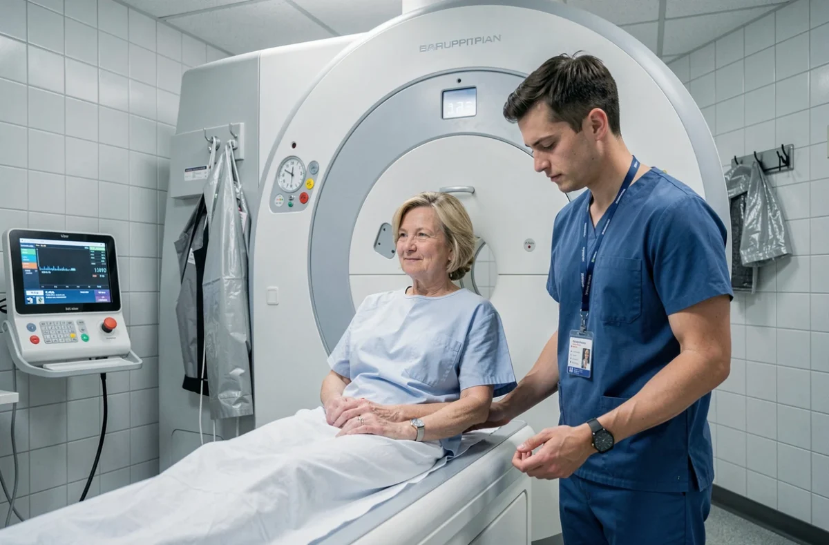 Technicien en radiologie préparant une patiente pour une radio dans un cabinet privé