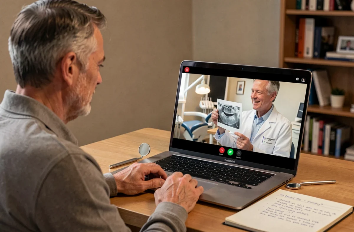 Un patient en téléconsultation dentaire avec un dentiste via ordinateur portable depuis son domicile dans l'Ain