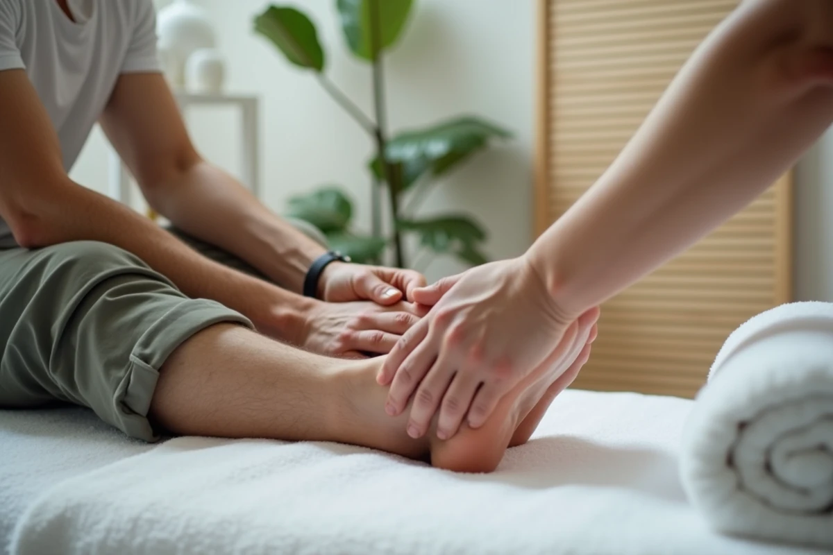 Therapeute massant le pied d’un jeune homme dans un centre de bien-être