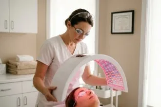 Esthéticienne positionnant un panneau LED de photobiomodulation sur le visage d'une cliente dans un cabinet de soin professionnel