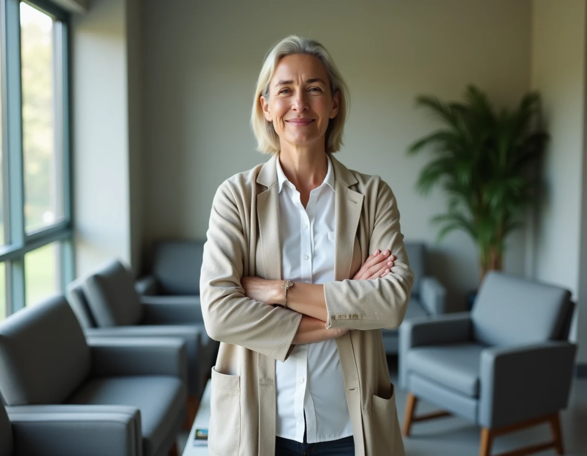 Personne en salle d'attente médicale les bras croisés avec une expression introspective évoquant une sensation de tremblement corporel interne inexpliqué