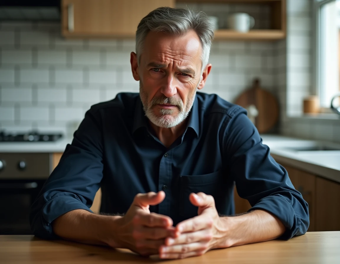 Homme regardant ses mains posées sur une table de cuisine avec une expression d'inquiétude liée à une sensation de tremblement interne invisible