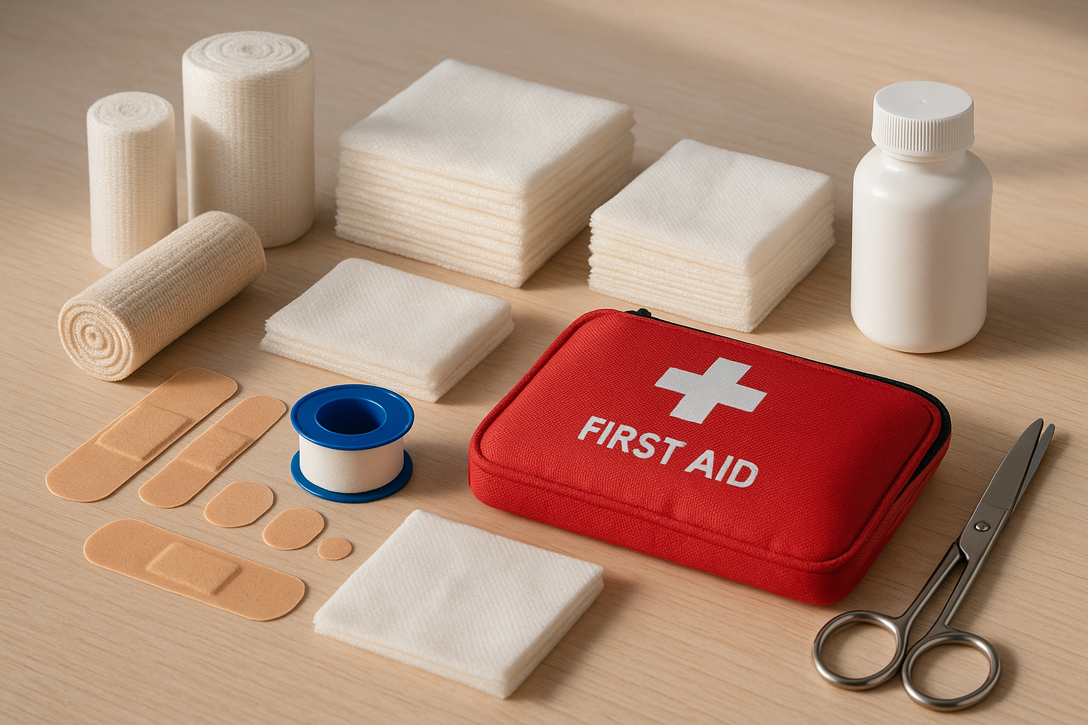 Trousse de premiers secours avec bandages et gaze sur table en bois