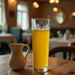 Verre de pastis Ricard posé sur une table de café en bois usé, illustrant la consommation d'alcool anisé et ses risques pour la santé