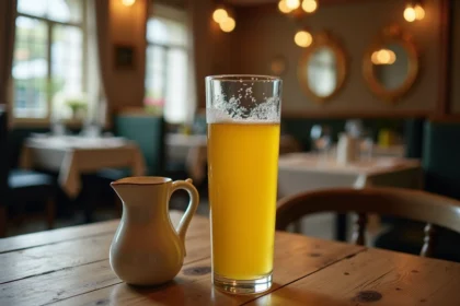 Verre de pastis Ricard posé sur une table de café en bois usé, illustrant la consommation d'alcool anisé et ses risques pour la santé