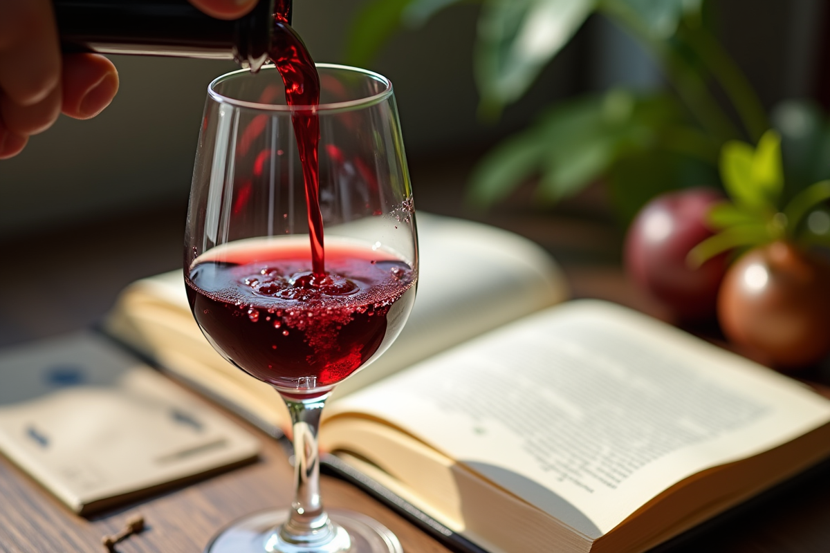 Main versant du vin rouge dans un verre cristal avec livre