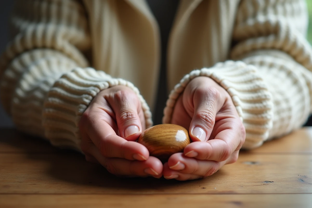 Gros plan de mains âgées tenant une worry stone en bois poli aux veines apparentes, posées sur une table en bois rustique