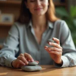 Femme tenant une worry stone en cristal entre ses doigts, assise à un bureau en bois dans un intérieur cosy