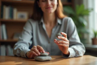 Femme tenant une worry stone en cristal entre ses doigts, assise à un bureau en bois dans un intérieur cosy